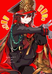 1girl black_hair buster_shirt cape crest family_crest fate/grand_order fate_(series) gloves hat highres long_hair long_sleeves looking_at_viewer medallion military_hat oda_nobunaga_(fate) oda_nobunaga_(koha-ace) oda_uri peaked_cap red_cape red_eyes shako_cap shinsengumi smile solo v very_long_hair yui_(tamagohan)