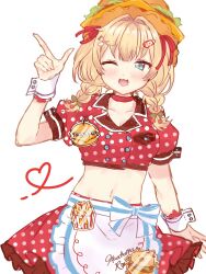 1girl akai_haato akai_haato_(7th_costume) apron blonde_hair blue_eyes braid breast_pocket burger_hat buttons choker crop_top cropped_jacket frilled_apron frilled_skirt frills hair_ornament hair_ribbon hairclip hat highres hololive midriff navel one_eye_closed open_mouth pocket polka_dot polka_dot_skirt puffy_short_sleeves puffy_sleeves red_choker ribbon short_sleeves skirt solo virtual_youtuber waist_apron