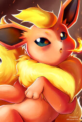 animal_focus blue_eyes breath_weapon breathing_fire commentary english_commentary fire flareon gen_1_pokemon highres looking_at_viewer nintendo open_mouth pokemon pokemon_(creature) signature solo vermeilbird