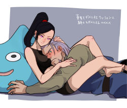 barefoot between_breasts bike_shorts black_hair black_shorts black_sports_bra blue_eyes blue_pants blush border breasts commentary_request couple dragon_quest dragon_quest_xi face_between_breasts facial_hair green_shirt greig_(dq11) hair_slicked_back hand_on_another&#039;s_arm hand_on_another&#039;s_head head_between_breasts hetero high_ponytail leg_lock looking_down lying martina_(dq11) medium_breasts muscular muscular_male niwatori on_side pants pink_eyes ponytail purple_facial_hair purple_hair shirt shorts sitting slime_(dragon_quest) smile sports_bra stuffed_toy surprised translation_request white_border