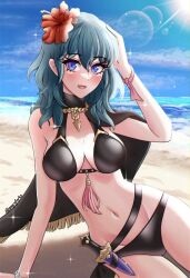 1girl angryforks beach bikini black_bikini blue_eyes blue_hair breasts cape dagger female_byleth_(fire_emblem) female_byleth_(summer)_(fire_emblem) fire_emblem fire_emblem:_three_houses fire_emblem_heroes flower hair_flower hair_ornament highres knife long_hair medium_breasts nintendo official_alternate_costume outdoors solo swimsuit weapon