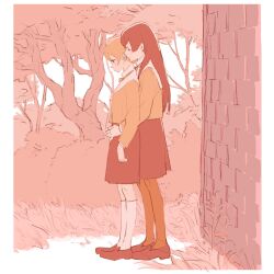 Rule 34 | 2girls, 55bata6rou, ahoge, behind another, brown theme, bush, closed eyes, dress, from side, full body, highres, hug, hug from behind, koito yuu, loafers, long hair, long sleeves, monochrome, multiple girls, nanami touko, outdoors, pantyhose, profile, school uniform, shirt, shoes, short hair, socks, standing, tohmi higashi high school uniform, tree, yagate kimi ni naru, yuri