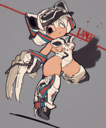 1girl baseball_cap black_hat black_thighhighs breast_curtains breasts claw_(weapon) clenched_hand eyepatch goggles goggles_on_headwear hat highres lancia_(brand) lancia_stratos leotard mask mask_around_neck mecha_musume one_eye_covered personification rikona sideboob skindentation solo thighhighs weapon wheel white_hair white_leotard world_rally_championship