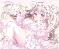 1girl animal_ears bell blush bow bra breasts cat cat_ears cat_girl cat_tail choker chopsticks food frills hair_ornament hairclip headdress heart holding holding_chopsticks jacket large_breasts long_hair lying midriff neck_bell noodles on_back open_clothes open_jacket original pink_bow pink_bra pink_jacket pink_skirt ribbon skirt solo tail thighhighs tsukimi_mumi underwear white_thighhighs
