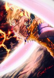 Rule 34 | 2boys, abs, absurdres, blonde hair, blue boots, boots, clenched teeth, colored skin, dragon ball, dragonball z, frieza, full power frieza, gekiroo, green eyes, highres, kienzan, male focus, medium hair, multiple boys, muscular, muscular male, orange pants, pants, revision, solo focus, son goku, spiked hair, super saiyan, super saiyan 1, teeth, topless male, white skin