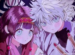 Rule 34 | 2boys, alluka zoldyck, artist name, beads, black shirt, blue eyes, blunt bangs, brothers, brown hair, brown hairband, closed mouth, commentary request, fingernails, hair beads, hair between eyes, hair ornament, hairband, highres, hunter x hunter, japanese clothes, killua zoldyck, kimono, kurotani (alien cat25), long fingernails, long hair, long sleeves, looking at viewer, male focus, mandarin collar, multiple boys, nail polish, open mouth, pink kimono, purple vest, red nails, shirt, short hair, siblings, sidelocks, upper body, v, vest, white hair, white shirt