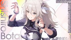 1girl amagai_tarou animal_ear_fluff animal_ears armpits black_nails bracelet breasts earrings grey_eyes highres hololive hololive_idol_uniform_(color_rise) jewelry lion_ears lion_girl lion_tail looking_at_viewer midriff nail_polish official_alternate_costume shishiro_botan tail virtual_youtuber