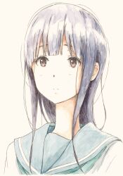1girl absurdres bbmasa blue_hair blunt_bangs closed_mouth commentary_request gradient_background green_sailor_collar hibike!_euphonium highres kitauji_high_school_uniform liz_to_aoi_tori long_hair looking_at_viewer purple_background red_eyes sailor_collar school_uniform serafuku solo traditional_media upper_body yoroizuka_mizore