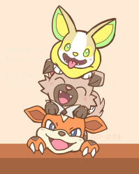 Rule 34 | artist name, blue eyes, blush, bright pupils, claws, commentary request, fangs, gardear058, gen 1 pokemon, gen 7 pokemon, gen 8 pokemon, green eyes, growlithe, highres, nintendo, no humans, pokemon, pokemon (creature), rockruff, smile, tongue, tongue out, white pupils, yamper