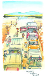 3girls 6+boys akahanadragon baseball_cap black_hair blonde_hair blue_sky bus cactus car chibi crested_booka dark-skinned_male dark_skin desert dreadlocks drinking_straw driving facial_hair facing_viewer formal_clothes full_body glasses hat jeff_andonuts looking_at_another mohawk monster mother_(series) mother_2 motor_vehicle multiple_boys multiple_girls muscle_car mustache ness_(mother_2) nintendo outdoors paula_(mother_2) red_hair scorpion semi_truck shorts sitting skelpion sky smile standing striped_clothes suit suitcase sunglasses sweat taxi traffic traffic_jam truck white_hair