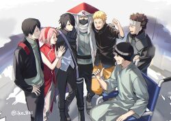 Rule 34 | 1girl, 6+boys, ^ ^, black cape, black hair, black jacket, black pants, black shirt, blonde hair, boruto: naruto next generations, bowl cut, brown hair, cape, clenched hand, closed eyes, from above, green shirt, grin, hairband, hand up, hands on another&#039;s shoulders, hands up, happy, haruno sakura, hatake kakashi, hokage, hospital gown, iko 831, jacket, mask, might guy, mouth mask, multiple boys, naruto (series), ninja mask, official alternate costume, orange pants, pants, pink hair, red hairband, sai (naruto), scar, scar across eye, scar on face, scarf, shirt, short hair, smile, thumbs up, uchiha sasuke, uzumaki naruto, wheelchair, white hair, white scarf, yamato (naruto)