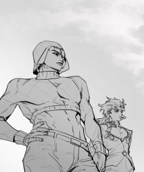 Rule 34 | 2boys, belt, belt buckle, buckle, cleavage cutout, closed mouth, clothing cutout, collared jacket, commentary, contrapposto, cowboy shot, cropped shirt, english commentary, fingernails, giorno giovanna, greyscale, guido mista, hair rings, hand on own hip, hat, highres, jacket, jojo no kimyou na bouken, linea alba, long hair, long sleeves, looking ahead, male focus, midriff, monochrome, multiple boys, pants, sengsengmurim, standing, toned, toned male, turtleneck, vento aureo