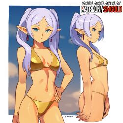 1girl absurdres bikini breasts cowboy_shot earrings elf frieren gold_bikini golden_week golden_week_bikini green_eyes grey_hair highres jewelry long_hair multiple_views pointy_ears small_breasts smgold sousou_no_frieren swimsuit