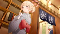 Rule 34 | 2girls, absurdres, back bow, bath yukata, blonde hair, blue archive, blue eyes, blush, bow, closed mouth, clothes theft, commentary request, green hair, grey kimono, hair bun, halo, highres, indoors, japanese clothes, jitome, kimono, ky (ky990533), multiple girls, nodoka (blue archive), nodoka (hot spring) (blue archive), obi, red bow, sash, shigure (blue archive), shigure (hot spring) (blue archive), striped clothes, striped kimono, sweat, theft, vertical-striped clothes, vertical-striped kimono, yukata