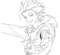 Rule 34 | 1boy, :d, bead necklace, beads, camus (dq11), cross-laced clothes, dragon quest, dragon quest xi, fingerless gloves, floating clothes, floating neckwear, gloves, highres, jewelry, korean commentary, looking at viewer, male focus, monochrome, necklace, open mouth, pg pargon, reaching, reaching towards viewer, short hair, single bang, sketch, smile, solo, spiked hair, tunic, upper body, white background