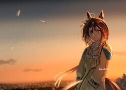 1girl alternate_costume animal_ears backlighting blurry blurry_background bokeh brown_eyes brown_hair brown_jacket brown_tail cloud collared_shirt commentary depth_of_field ear_ornament earrings feather_earrings feathers goggles hair_between_eyes hands_in_pockets horse_ears horse_girl horse_tail jacket jewelry long_hair open_mouth orange_sky orusun outdoors shirt signature sky solo stay_gold_(umamusume) tail tree twilight umamusume unworn_goggles white_shirt