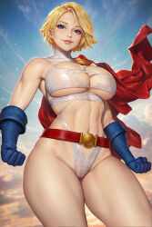 1girl belt blonde_hair blue_gloves breasts cape cleavage_cutout clenched_hands clothing_cutout cloud commentary dc_comics english_commentary gloves highres large_breasts linea_alba lingerie lips mixed-language_commentary navel neoartcore paid_reward_available power_girl red_belt red_cape short_hair sky solo superman_(series) thai_commentary thighs toned toned_female underwear