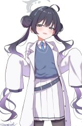 1girl black_hair blue_archive blue_necktie blue_sweater_vest cosplay double_bun grey_eyes grey_halo hair_bun halo highres kisaki_(blue_archive) lab_coat long_hair long_sleeves millennium_science_school_student_(blue_archive) millennium_science_school_student_b_(blue_archive) millennium_science_school_student_b_(blue_archive)_(cosplay) necktie pleated_skirt sazamiso_rx skirt sleeves_past_fingers sleeves_past_wrists solo sweater_vest twintails very_long_hair white_skirt