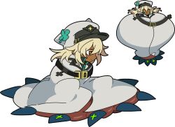 Rule 34 | 1girl, belt, black belt, black trim, blonde hair, blush, cape, closed mouth, clover hat ornament, dark-skinned female, dark skin, guilty gear, guilty gear strive, hat, hat with ears, highres, kekeken, lapels, looking to the side, medium hair, multiple views, newsboy cap, notched lapels, pout, ramlethal valentine, simple background, solo, white background, white cape, white hat