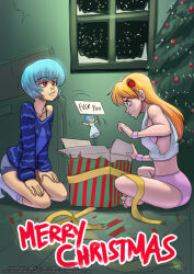 2girls angry ayanami_rei blonde_hair blue_eyes blue_hair breasts christmas_tree hair_ornament hairclip highres jack-in-the-box kneeling looking_at_another medium_breasts merry_christmas multiple_girls neon_genesis_evangelion panties prank rebuild_of_evangelion red_eyes sitting small_breasts smug snowing souryuu_asuka_langley underwear window