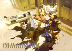 3girls absurdres animal_ears architecture blonde_hair blue_boots blue_tabard boots brown_cloak cat_ears cat_tail chen clenched_teeth cloak commission day determined dress ear_covers east_asian_architecture favnvs_(s910a_ib6) firing fish foot_out_of_frame fox_ears fox_girl fox_tail frilled_dress frilled_headwear frilled_sleeves frills green_hat gun hair_between_eyes handgun hashtag-only_commentary hat hat_tassel highres holding holding_gun holding_weapon long_dress long_hair long_sleeves mob_cap multiple_girls multiple_tails nekomata ofuda ofuda_on_clothes outdoors purple_tabard saloon shadow shell_casing short_hair sidelocks sleeves_past_wrists slit_pupils solo_focus squatting squinting tabard tail teeth torn_clothes touhou town two_tails watermark weapon white_dress white_hat wide_sleeves yakumo_ran yakumo_yukari yellow_eyes