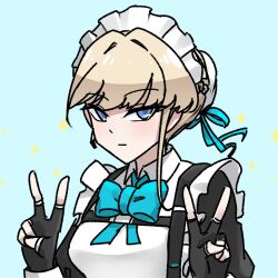 Rule 34 | 1girl, apron, aqua bow, aqua bowtie, blonde hair, blue archive, blue bow, blue bowtie, blue eyes, bow, bowtie, cleaning &amp; clearing (blue archive), closed mouth, deadpan, double v, earpiece, long hair, looking at viewer, maid, maid apron, maid headdress, solo, toki (blue archive), v, white wrist cuffs, who 808, wrist cuffs