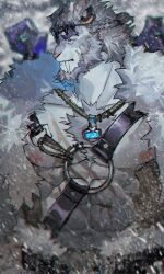 1boy abs animal_ears another_eidos-r bara bare_pectorals beard character_request cowboy_shot facial_hair full_beard furry furry_male highres large_pectorals long_fangs looking_to_the_side male_focus mature_male muscular muscular_male navel neumo nipples o-ring o-ring_top pectorals profile snowing solo standing stomach thick_beard thick_eyebrows tiger_boy tiger_ears white_fur
