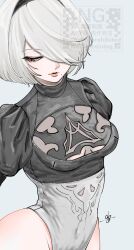 1girl 2b_(nier:automata) abeinoddword black_hairband breasts commentary eyelashes grey_background hair_over_one_eye hairband half-closed_eyes highleg highleg_leotard highres leotard medium_breasts mole mole_under_mouth nier:automata nier_(series) puffy_sleeves short_hair simple_background solo standing watermark white_hair