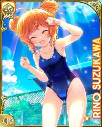 Rule 34 | 1girl, :d, ahoge, alternate hairstyle, barefoot, blue one-piece swimsuit, braid, brown hair, card (medium), chain-link fence, character name, closed eyes, competition swimsuit, day, double bun, fence, girlfriend (kari), hair bun, hair ribbon, official art, one-piece swimsuit, open mouth, outdoors, purple eyes, qp:flapper, ribbon, school, smile, solo, suzukawa rino, swimsuit, twin braids