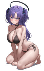 Rule 34 | 1girl, absurdres, alternate costume, barefoot, bikini, black bikini, black choker, black halo, blue archive, blue eyes, blue halo, blush, breasts, choker, cleavage, closed mouth, collarbone, commentary request, full body, hair intakes, hair ornament, halo, halterneck, highres, kneeling, large breasts, long hair, looking at viewer, mechanical halo, navel, o-ring, o-ring bikini, o-ring top, parted bangs, rianya07, side-tie bikini bottom, simple background, solo, swimsuit, thighs, toes, triangle hair ornament, two side up, white background, yuuka (blue archive)