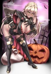1girl absurdres black_boots black_cape black_dress black_gloves blonde_hair blush boots bra bra_peek breasts candy cape dress food full_body gloves grin hair_between_eyes halloween halterneck highres jack-o&#039;-lantern large_breasts leaning_forward lollipop long_hair looking_at_viewer nijisanji nui_sociere nui_sociere_(1st_costume) pumpkin red_bra sack short_dress smile solo thigh_boots thighhighs underwear virtual_youtuber yaruku yellow_eyes