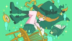 1girl book boots bow braid chair cloak commentary_request compass diamond_(gemstone) falling full_body green_background green_theme happy_(happi_illust) hat highres holding holding_staff long_sleeves open_book orange_eyes orange_hair original plant shirt shorts socks solo sparkle staff twin_braids vines white_shirt witch witch_hat