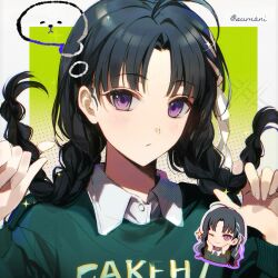 Rule 34 | 1girl, ahoge, awa subaru, bang dream!, bang dream! it&#039;s mygo!!!!!, black hair, blush, braid, closed mouth, commentary, highres, holding, holding own hair, long hair, looking at viewer, parted bangs, purple eyes, shusuzu, solo, symbol-only commentary, twin braids