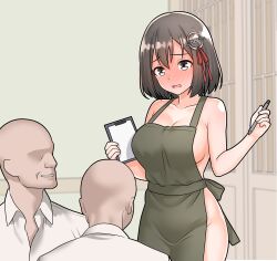 Rule 34 | 1girl, 2boys, absurdres, apron, bald, black eyes, black hair, blush, bob cut, breasts, clipboard, collarbone, collared shirt, commentary request, faceless, faceless male, full-face blush, furaggu (frag 0416), green apron, haguro (kancolle), hair ribbon, highres, holding, holding clipboard, holding pen, kantai collection, large breasts, multiple boys, naked apron, pen, red ribbon, ribbon, shirt, white shirt