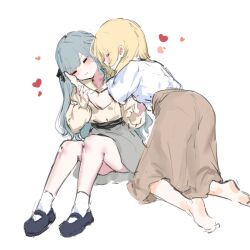 2girls bang_dream! bang_dream!_it&#039;s_mygo!!!!! barefoot blonde_hair brown_shirt brown_skirt commentary grey_skirt hair_ribbon heart hickey ishi_midori long_hair medium_hair misumi_uika multiple_girls ribbon shirt skirt socks togawa_sakiko white_background white_shirt white_socks yuri