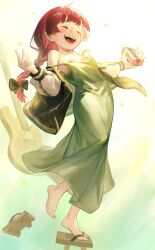 1girl :d absurdres alcohol alcohol_carton bandaid bandaids_on_nipples barefoot bass_guitar black_bow black_jacket black_nails blunt_bangs blush bocchi_the_rock! bow braid breasts closed_eyes commentary_request dress flat_chest flower_symbol geta green_background green_dress guitar hair_bow happy highres hiroi_kikuri holding holding_carton instrument jacket long_dress long_hair mrstomachache multicolored_background multicolored_jacket nail_polish open_clothes open_jacket open_mouth pasties purple_hair sharp_teeth simple_background single_braid smile solo strap_slip teeth two-tone_jacket upper_teeth_only white_background white_jacket yamaha_trb