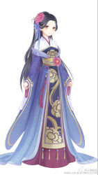 1girl artist_request banbi black_hair blue_bow blue_hanfu bow brown_eyes carnation chinese_clothes chinese_commentary chinese_hairpin closed_mouth commentary_request dot_nose eyelashes floral_print flower forehead full_body hair_bow hair_bun hair_flower hair_ornament half_updo hanfu happy hezi heziqun highres light_blush long_hair long_skirt long_sleeves looking_at_viewer miracle_nikki nikki_(series) official_art pink_flower pink_skirt pleated_skirt second-party_source shirt simple_background single_hair_bun skirt smile solo standing tassel very_long_hair watermark weibo_watermark white_background white_shirt wide_sleeves