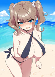 1girl areola_slip arm_under_breasts beach bikini black_bikini blue_sky blush breasts brown_hair cleavage cloud collarbone commentary_request covered_erect_nipples day hair_ornament hair_scrunchie halterneck highres huge_breasts looking_at_viewer mole mole_on_breast mole_under_eye multiple_moles navel ocean open_mouth original outdoors sakamata_(sakamata4) scrunchie side-tie_bikini_bottom sky solo standing swimsuit tongue twintails white_scrunchie