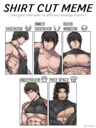 3boys abs absurdres adventurer_(ff14) ardbert_hylfyst bara bare_pectorals black_shirt black_tank_top blue_eyes breasts closed_mouth clothes_lift clothing_cutout english_text facial_hair final_fantasy final_fantasy_xiv hien_rijin highres hyur large_pectorals long_hair looking_at_viewer male_focus meme multiple_boys multiple_drawing_challenge muscular muscular_male navel nipples one_eye_closed open_mouth pectorals shirt shirt_cut_meme shirt_lift sideboob sidepec smile tank_top twitter_username underboob upper_body warrior_of_light_(ff14) zanki