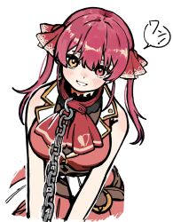 Rule 34 | 1girl, animal collar, ascot, belt, blush, breasts, chain, chain leash, collar, commentary, cropped legs, english commentary, heterochromia, highres, hololive, houshou marine, houshou marine (1st costume), jacket, large breasts, leash, looking at viewer, looking up, no eyepatch, ohagi 0909, red ascot, red eyes, red hair, red jacket, red skirt, simple background, sketch, skirt, sleeveless, sleeveless jacket, smile, solo, twintails, virtual youtuber, white background, yellow eyes