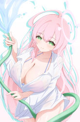 1girl absurdres ahoge between_thighs bikini bikini_under_clothes blue_archive blue_border blush border bow braid breasts cleavage closed_mouth collarbone commentary_request green_eyes hair_bow halo hanako_(blue_archive) hanako_(swimsuit)_(blue_archive) highres holding holding_hose hose large_breasts long_hair long_sleeves pink_hair pink_halo shatiku_72 simple_background smile solo swimsuit thighs water white_background white_bow