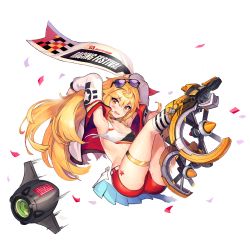 1girl blonde_hair blush breasts cleavage english_text eyewear_on_head female_focus full_body game_cg highres jacket last_origin long_hair looking_at_viewer midriff official_art p-24_pinto paintale red_eyes short_shorts shorts solo tachi-e transparent_background wavy_mouth