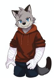 1boy absurdres animal_ears bandaged_arm bandages blue_eyes brok_the_investigator cat_boy cat_ears cat_tail commentary_request cosplay fangs fangs_out furry furry_male graff_filsh graff_filsh_(cosplay) highres hood hood_down hoodie korean_commentary looking_at_viewer male_focus original red_hoodie smile tail teamleader_(tl) whiskers white_background