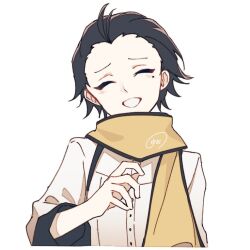 1boy arm_up black_hair black_trim closed_eyes cropped_torso dress_shirt hair_slicked_back long_sleeves male_focus mochizuki_ryouji mole mole_under_eye nodoka906 persona persona_3 scarf shirt short_hair signature simple_background sleeve_cuffs smile solo suspenders teeth trap white_background white_shirt widow&#039;s_peak yellow_scarf