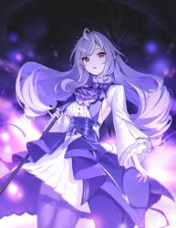 1girl alternate_legwear black_thighhighs blush commentary dress highres holding holding_umbrella long_hair long_sleeves looking_at_viewer mole mole_under_eye multicolored_hair parted_lips pointy_ears purple_eyes purple_hair solo streaked_hair thighhighs umbrella vivian_banshee yohaku zenless_zone_zero