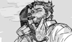 2boys beard cigar collared_shirt deadpool deadpool_&amp;_wolverine deadpool_(series) dishing facial_hair hood hood_up jacket looking_at_viewer male_focus marvel marvel_cinematic_universe monochrome mouth_hold multiple_boys muscular pectorals scar shirt short_hair smoke smoking wolverine_(x-men) x-men yaoi