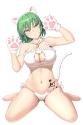 1girl absurdres animal_cutout animal_ears animal_hands bell bra breast_tattoo breasts cat_cutout cat_ear_panties cat_ears cat_girl cat_lingerie cat_tail cleavage_cutout clothing_cutout commentary english_commentary frilled_bra frills gloves green_hair highres hikage_(senran_kagura) hip_tattoo jingle_bell large_breasts medium_hair meme_attire navel neck_bell panties paw_gloves paw_pose senran_kagura side-tie_panties simple_background sitting slit_pupils snake_print snake_tattoo solo tail tattoo underwear underwear_only wariza white_background yellow_eyes zib_(boriku) zooming_out