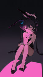 1girl absurdres animal_ear_hairband animal_ears black_hair black_leotard blue_archive breasts bun_with_braided_base butterfly_hair_ornament closed_mouth commentary detached_collar double_bun eco_376124 fake_animal_ears full_body grey_eyes grey_halo hair_bun hair_ornament hairband halo high_heels highres kisaki_(blue_archive) knees_up leotard long_hair looking_at_viewer playboy_bunny rabbit_ear_hairband rabbit_ears small_breasts solo strapless strapless_leotard thighs white_wrist_cuffs wrist_cuffs