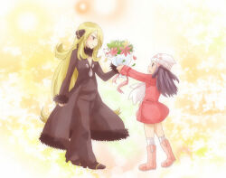 2girls age_difference bad_id bad_pixiv_id black_dress black_footwear black_headwear black_jacket black_pants black_shirt blue_hair blush bouquet closed_mouth cynthia_(pokemon) daizu_(npl) dawn_(pokemon) dress female_focus flower full_body fur_collar fur_cuffs fur_trim gen_4_pokemon hair_over_one_eye handing_object high_heels jacket legendary_pokemon loli looking_at_another looking_down looking_up multiple_girls mythical_pokemon nintendo onee-loli open_mouth pants pink_footwear pink_headwear pokemon pokemon_(creature) pokemon_dppt pokemon_platinum red_dress red_jacket shaymin shirt simple_background smile standing white_headwear white_shirt yellow_eyes yuri