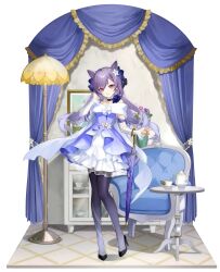 1girl absurdres black_shoes braid cone_hair_bun detached_sleeves double_bun dress earrings floating_hair flower full_body genshin_impact gradient_legwear hair_bun hair_flower hair_ornament high_heels highres holding holding_umbrella jewelry keqing_(genshin_impact) keqing_(resplendent_feast)_(genshin_impact) long_hair long_sleeves looking_at_viewer official_alternate_costume official_art pantyhose parted_lips purple_hair purple_pantyhose shoes smile solo standing third-party_source transparent_background twintails umbrella white_dress white_flower